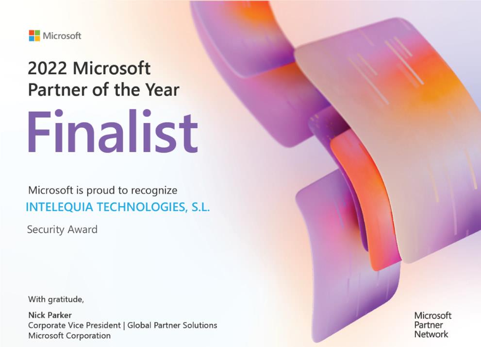 Intelequia is recognized as a finalist in the Microsoft Security category at the Microsoft Partner of the Year 2022