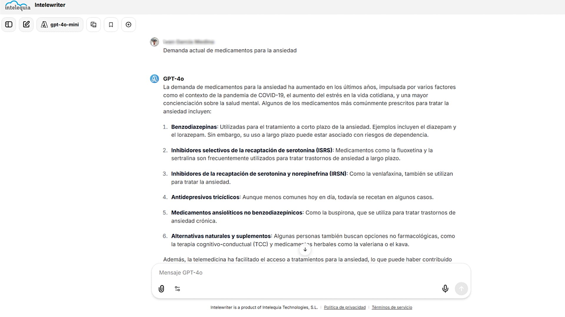 Interfaz de IA Intelewriter con una pregunta de salud y farmacéutica Interfaz de IA Intelewriter con una pregunta de salud y farmacéutica