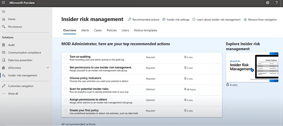 Funcionalidad de Microsoft Purview: Insider Risk Management, la solución de cumplimiento para minimizar los riesgos internos al permitirte detectar, investigar y actuar sobre actividades maliciosas en tu organización