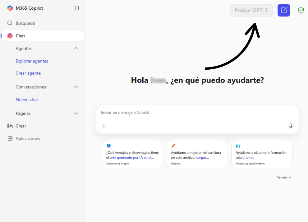 Captura Microsoft 365 Copilot integrando modelo Chat GPT-5 de OpenAI